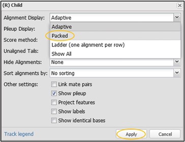 Highlighting the "Packed" option from the drop-down menu of the Alignment Display option. Then highlighting the "Apply" button to save the change.