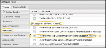Highlighting the Variation tab on the right-hand side of the pop-up menu, the dbVar category from the scrolling list, and the checkbox next to "dbVar Pathogenic Clinical Structural Variants (subset of nstd102)" option in that category