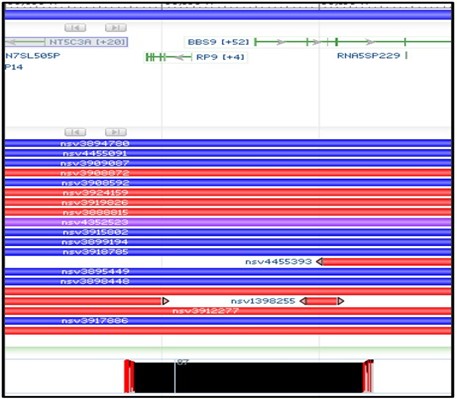 Showing a subset of variants aligned to the BBS9 gene region