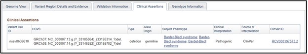 Showing a subset of the Clinical Assertions table which confirms the phenotype of Bardet-Biedl syndrome caused by this particular deletion