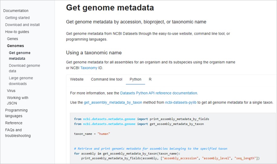 NCBI Datasets How-To guide in their documentation section