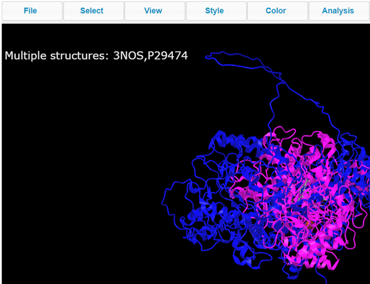 Screenshot from the iCn3D website, Multiple Structures 3NOS,P29474
