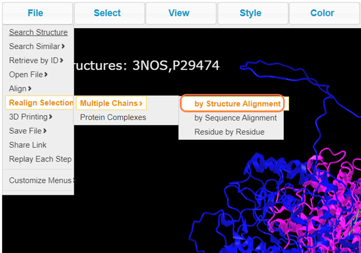Screenshot from the iCn3D website, File > Realign Selection > Multiple Chains > by Structure Alignment