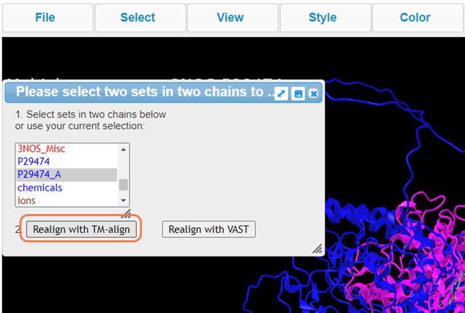 Screenshot from the iCn3D website, Select chain P29474_A