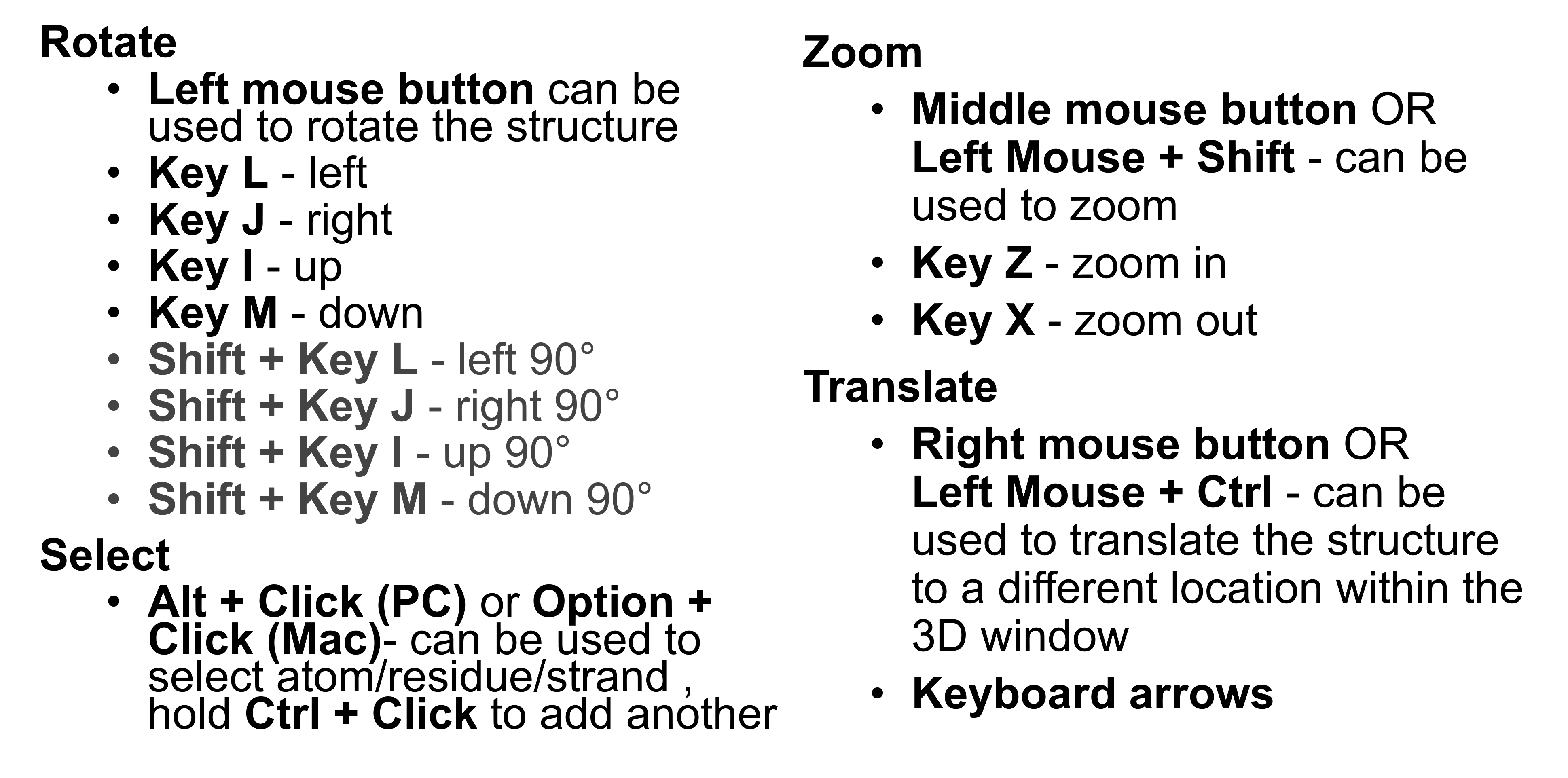 List of iCn3D shortcuts