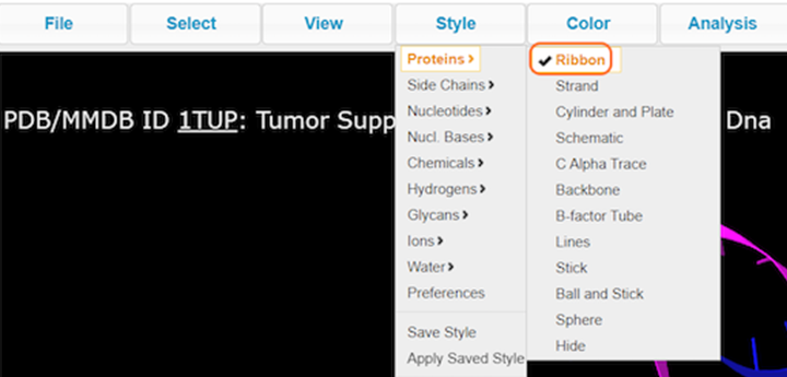 Screenshot from the iCn3D website, ITUP biomolecule, Style > Proteins > Ribbon