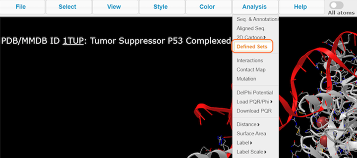 Screenshot from the iCn3D website, ITUP biomolecule, Analysis > Defined Sets