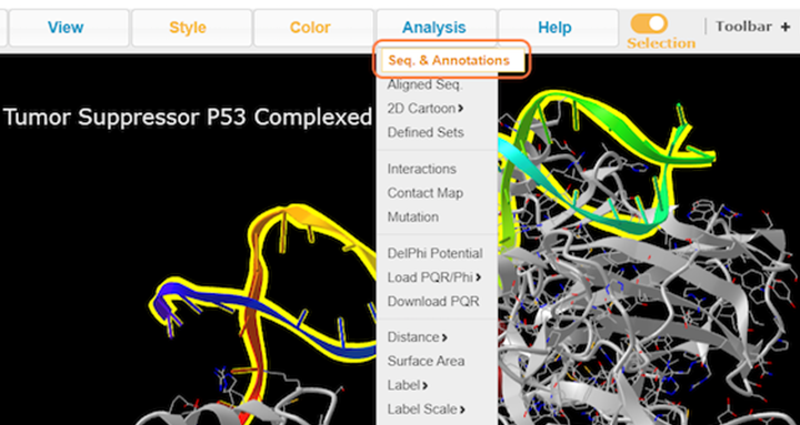 Screenshot from the iCn3D website, Analysis > Seq & Annotations