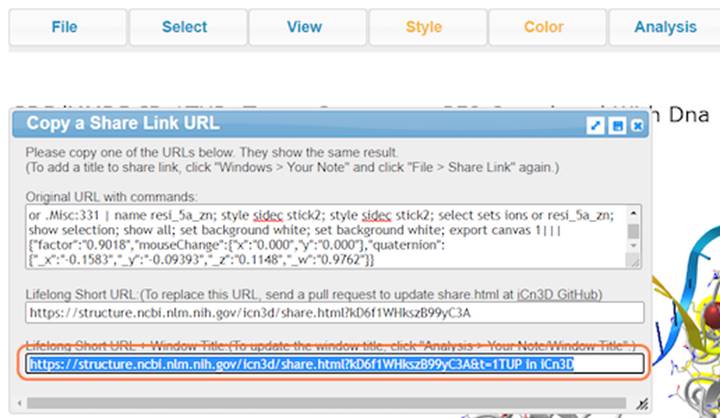 Screenshot from the iCn3D website, Copy a Share Link URL