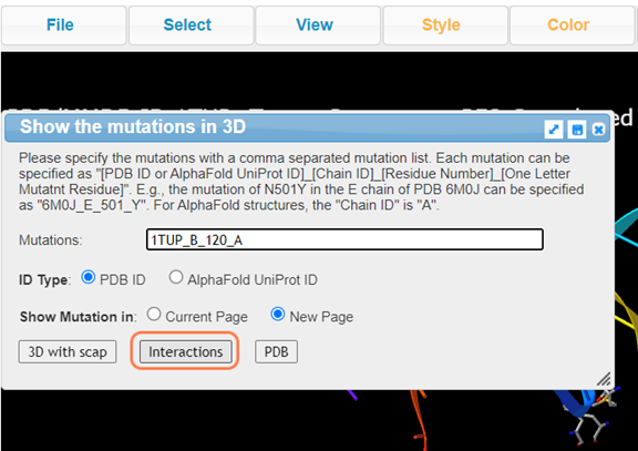 Screenshot from the iCn3D website, Show the mutations in 3D 