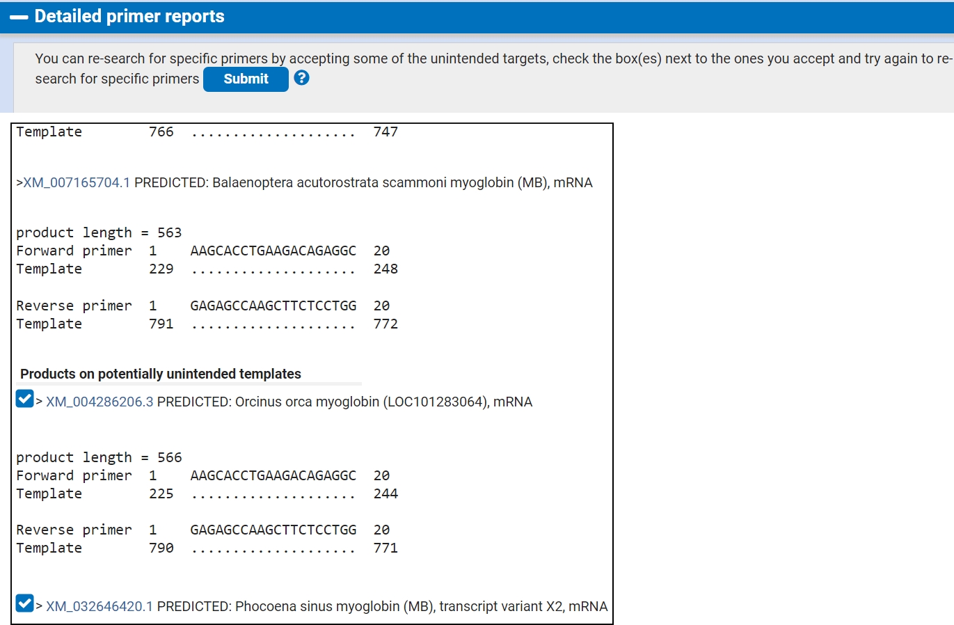Image of Primer-BLAST results with check boxes to re-submit with additional targets