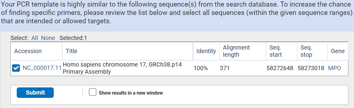 Image of the Primer-BLAST intermediate page with a RefSeq Gene record is used as a template with the genome database