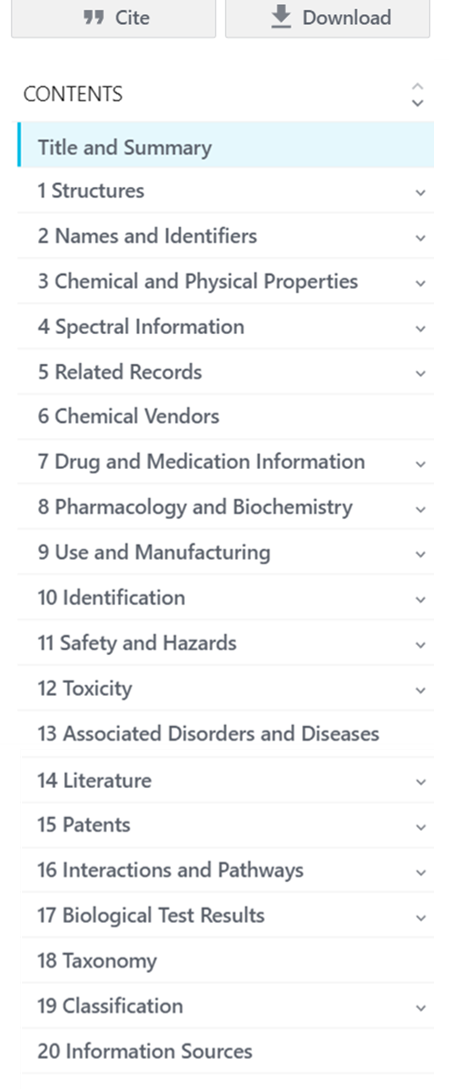 PubChem Compound Table of Contents - available headers