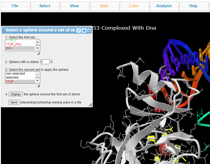 Screenshot from the iCn3D website, Select by distance