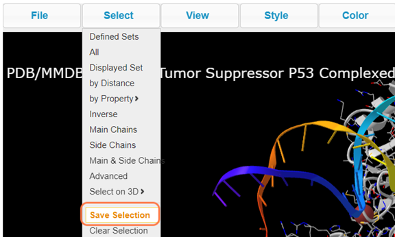 Screenshot from the iCn3D website, Select > Save selection