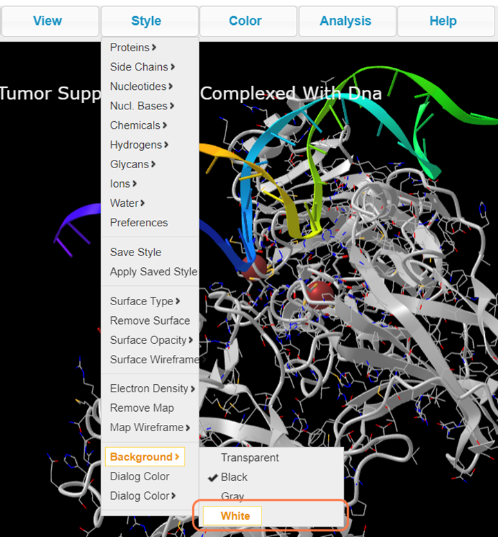 Screenshot from the iCn3D website, Style > Background > White