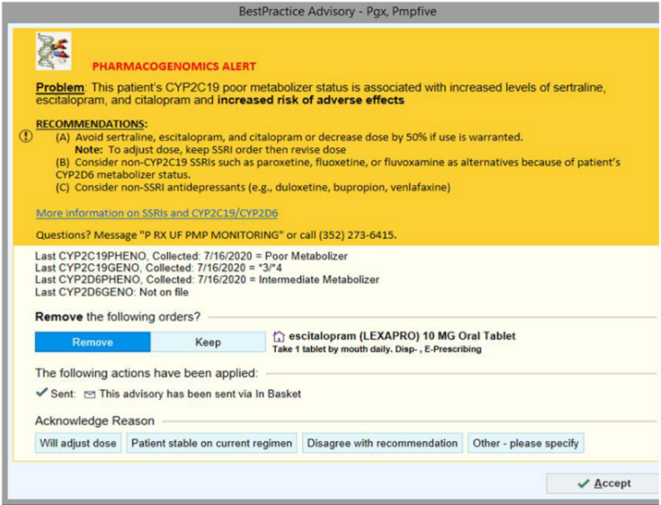 Image of CYP2C19 Warning message in an EHR