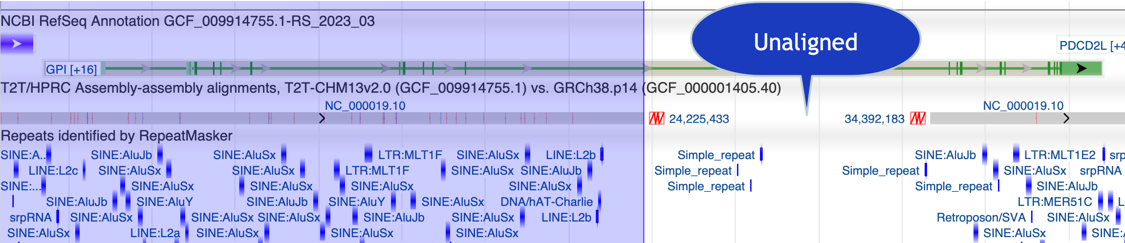 Image of GDV showing GPI and unaligned region, plus RepeatMasker