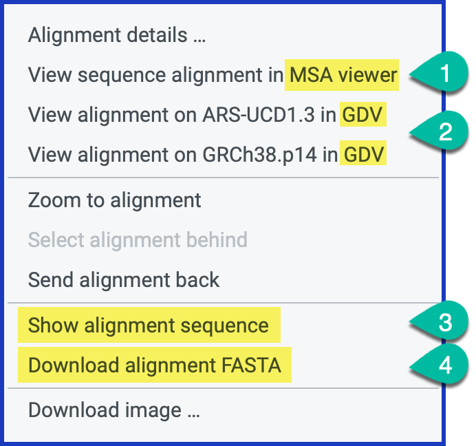 Pop-up showing links to MSA viewer, GDV, etc.