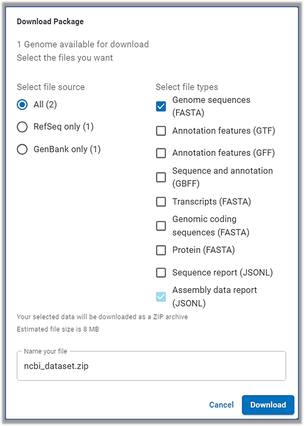 NCBI Datasets Genome Download menu with data options