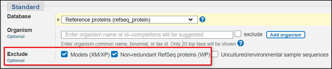 Screen shot of protein BLAST web page showing sequence exclude checkboxes