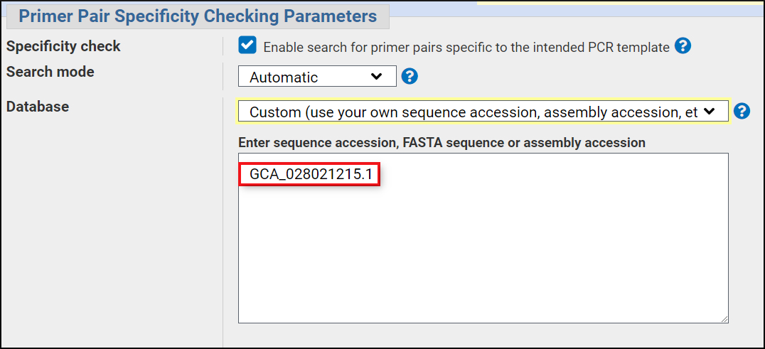 Screenshot of Custom Database Box with the accession GCA_028021215.1 Entered