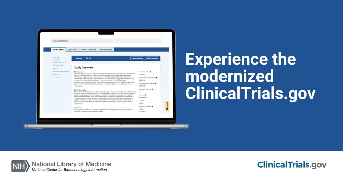 A graphic of a laptop next to text that says "Experience the modernized ClinicalTrials.gov." The logo of the National Center for Biotechnology Information at the National Library of Medicine is underneath.