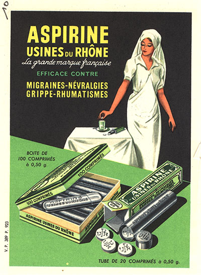 A poster advertisement in French featuring a nurse and a product illustration of tablets and boxes.