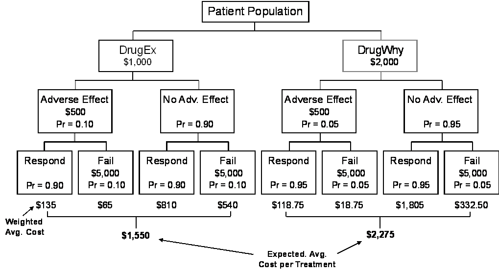 a decision tree for determining the cost of treatment for alternative drug therapies for a given health problem.