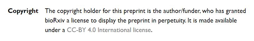 Screenshot of copyright saying the copyright holder for this preprint is the author/funder, who has granted bioRxiv a license to display the preprint in perpetuity. It is made available under a CC-BY 4.0 International license.