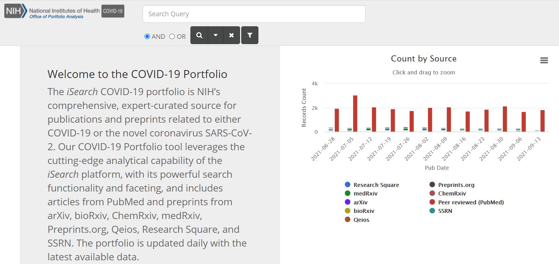 Screenshot of iSearch COVID-19 Portfolio Tool home page