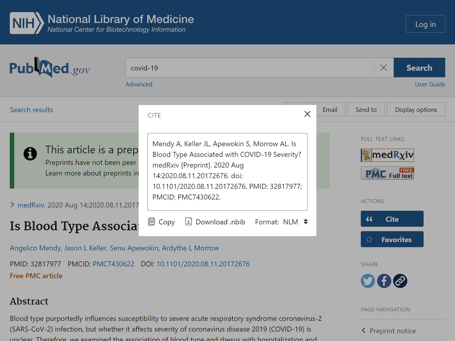 Screenshot of PubMed entry showing the citation tool