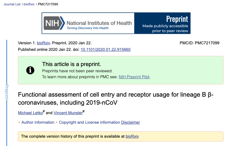 Screenshot from bioRxiv database showing preprint banner on article