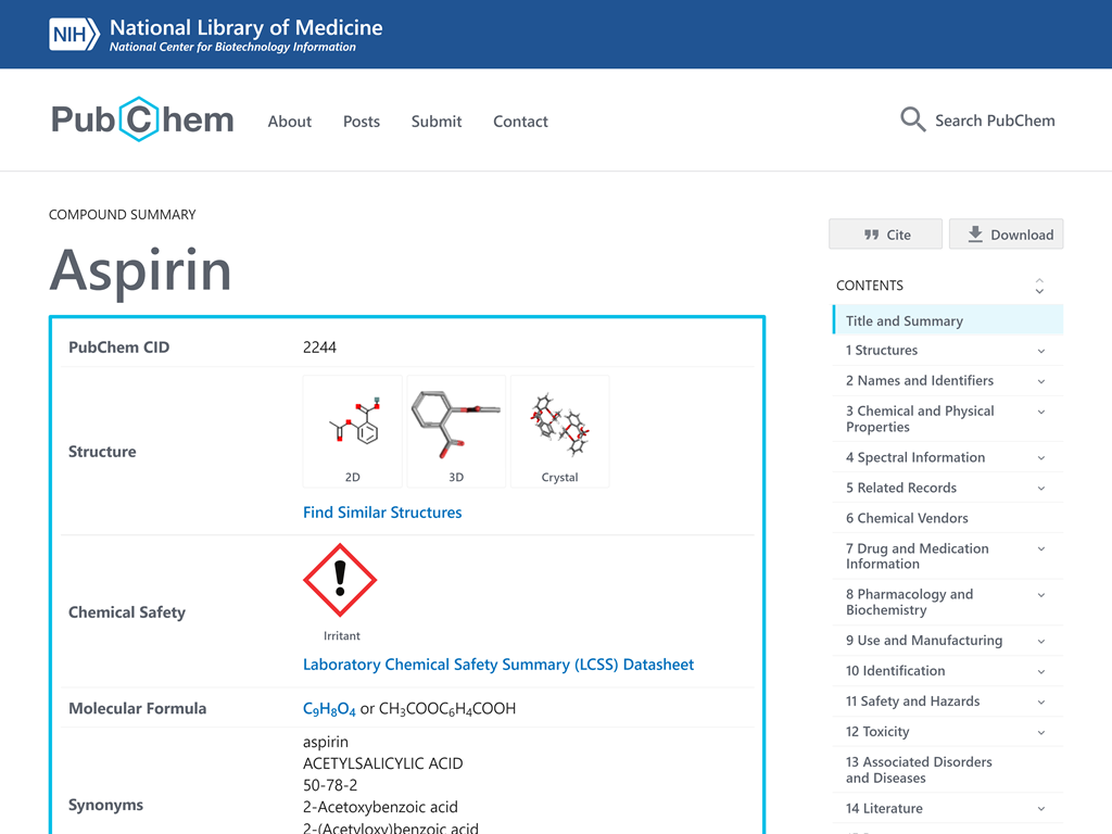 PubChem Aspirin Compound Summary screen shot