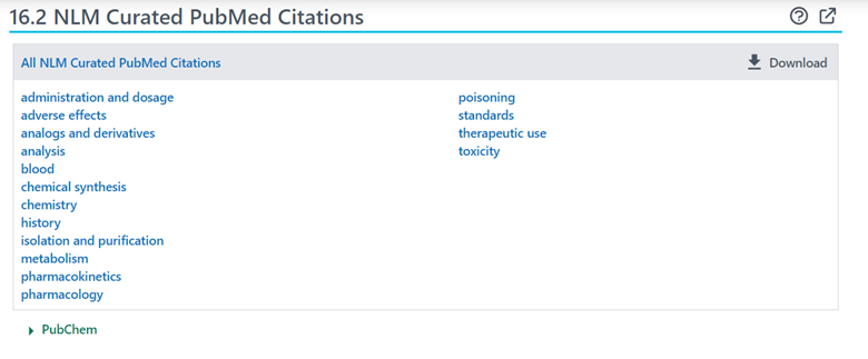 Screenshot from the Aspartame compound summary page, showing the Literature section and NLM Curated PubMed Citations
