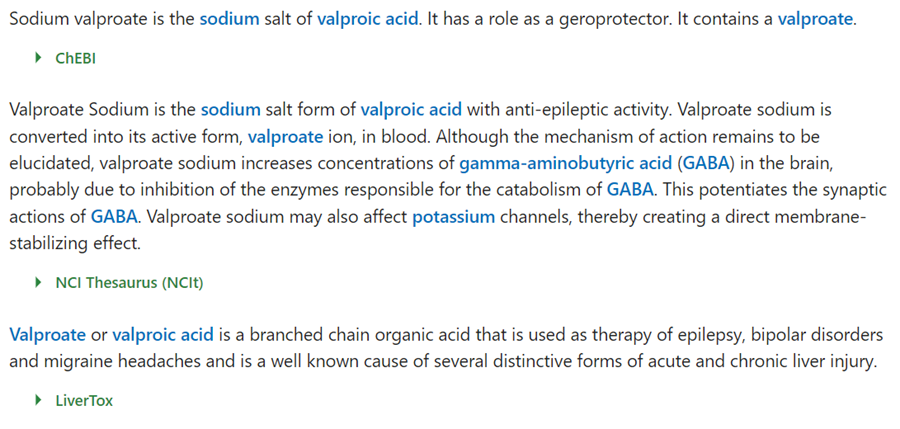 Screenshot from the Sodium valproate compound summary page, showing links to ChEBI, NCI Thesaurus (NCIt), and LiverTox.