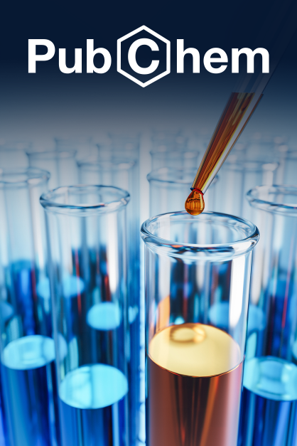 Picture of test tubes with blue and orange liquid, with the PubChem logo overlay.