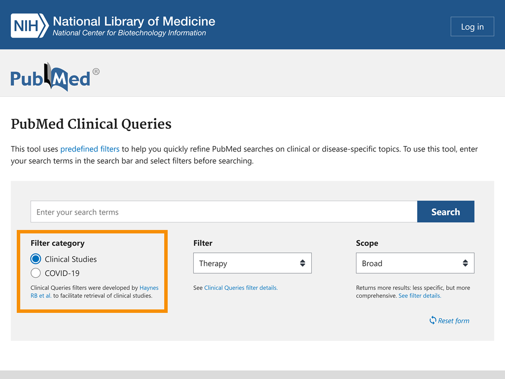 Clinical Queries home page with Filter Categories: Clinical Studies and COVID-19 circled.
