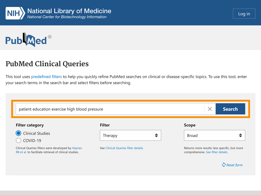 Clinical Queries search page with 'patient education exercise high blood pressure circled' in the search box.