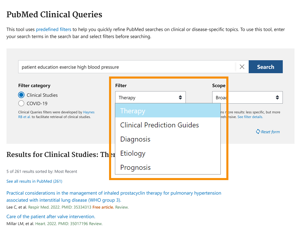 Filter drop down menu circled showing Therapy, Clinical Prediction Guides, Diagnosis, Etiology, and Prognosis with Therapy checked.