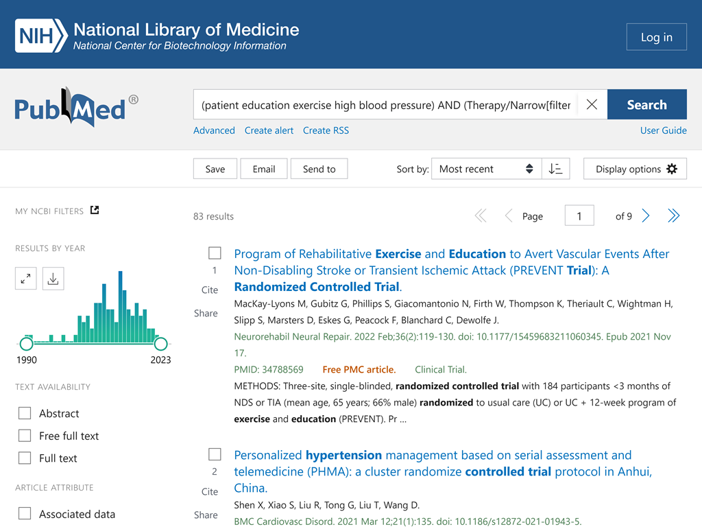 PubMed search results page using the Clinical Queries terms and filters