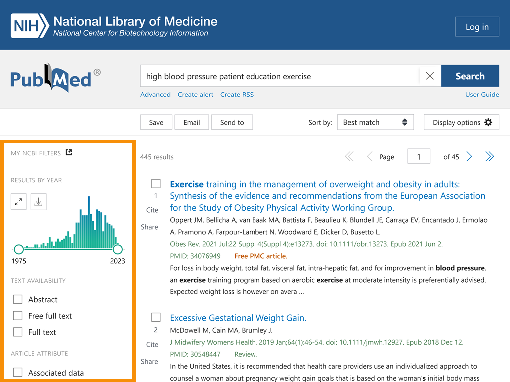 PubMed search reults page with 'high blood pressure patient education and exercise' in the search box