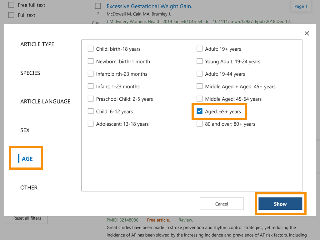 Additional filters pop-up with Age, Aged 65+ years, and Show circled