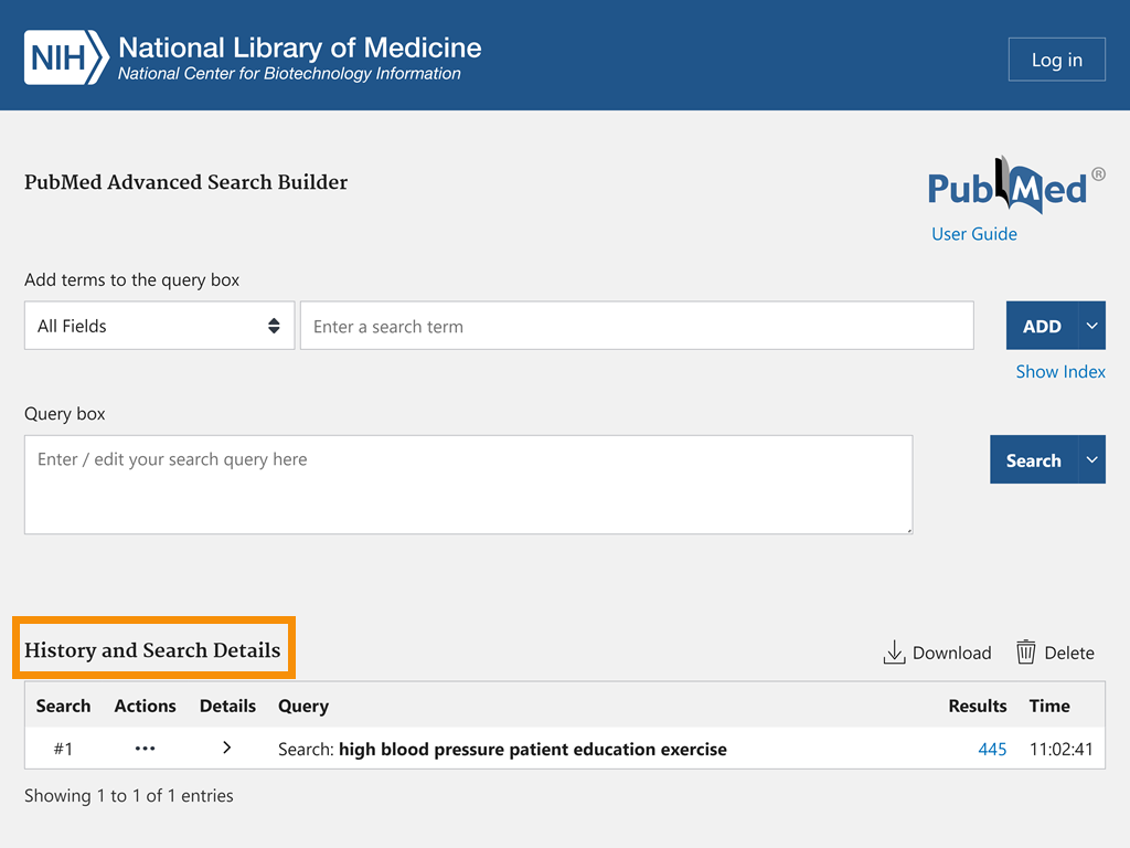Advanced Search Builder page with 'high blood pressure patient education and exercise' in the search box - Search Details circled