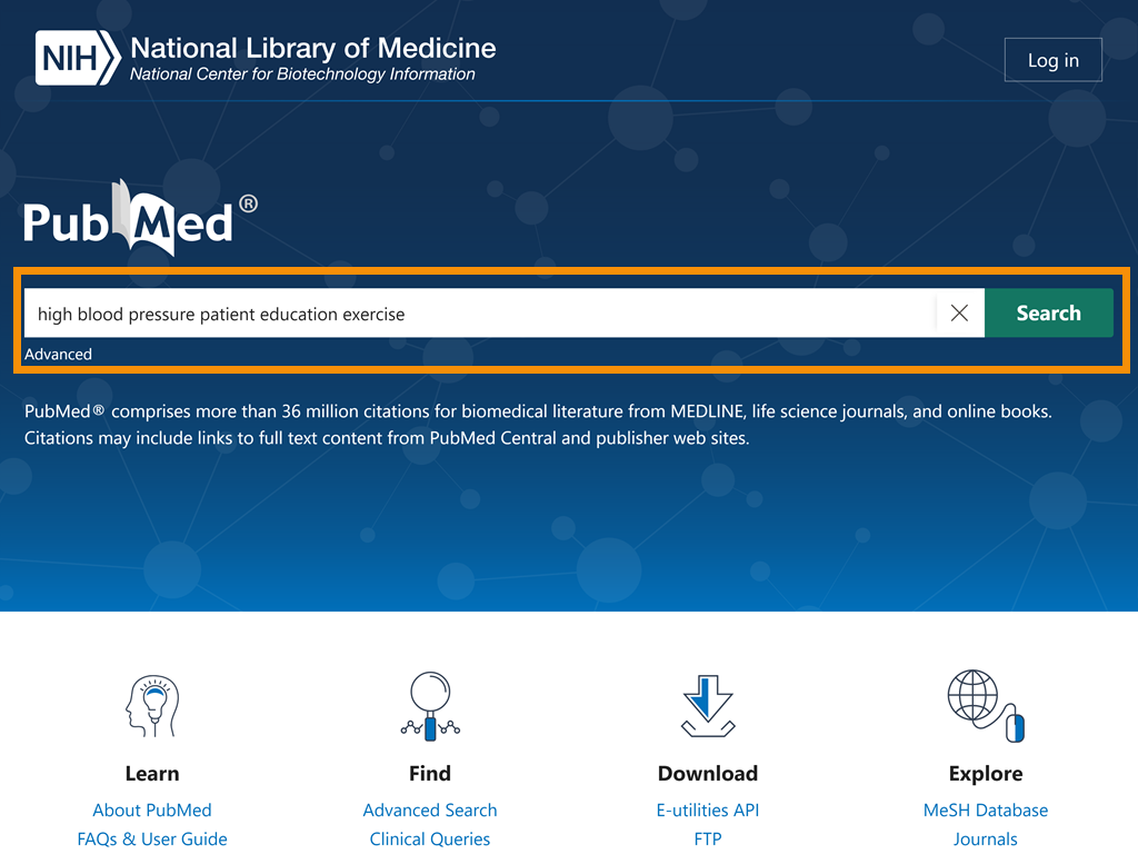 PubMed.gov homepage with 'high blood pressure patient education and exercise' in the search box