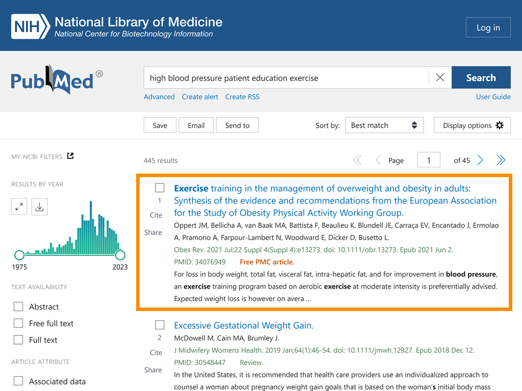 PubMed result page with first result's title and authors circled