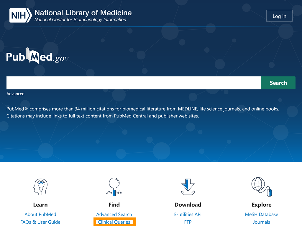PubMed.gov homepage with Clinical Queries circled