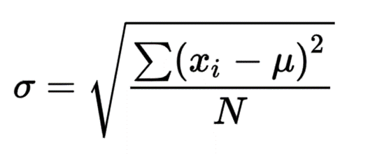 In this formula, σ is the standard deviation, x1 is the data point we are solving for in the set, µ is the mean, and N is the total number of data points.