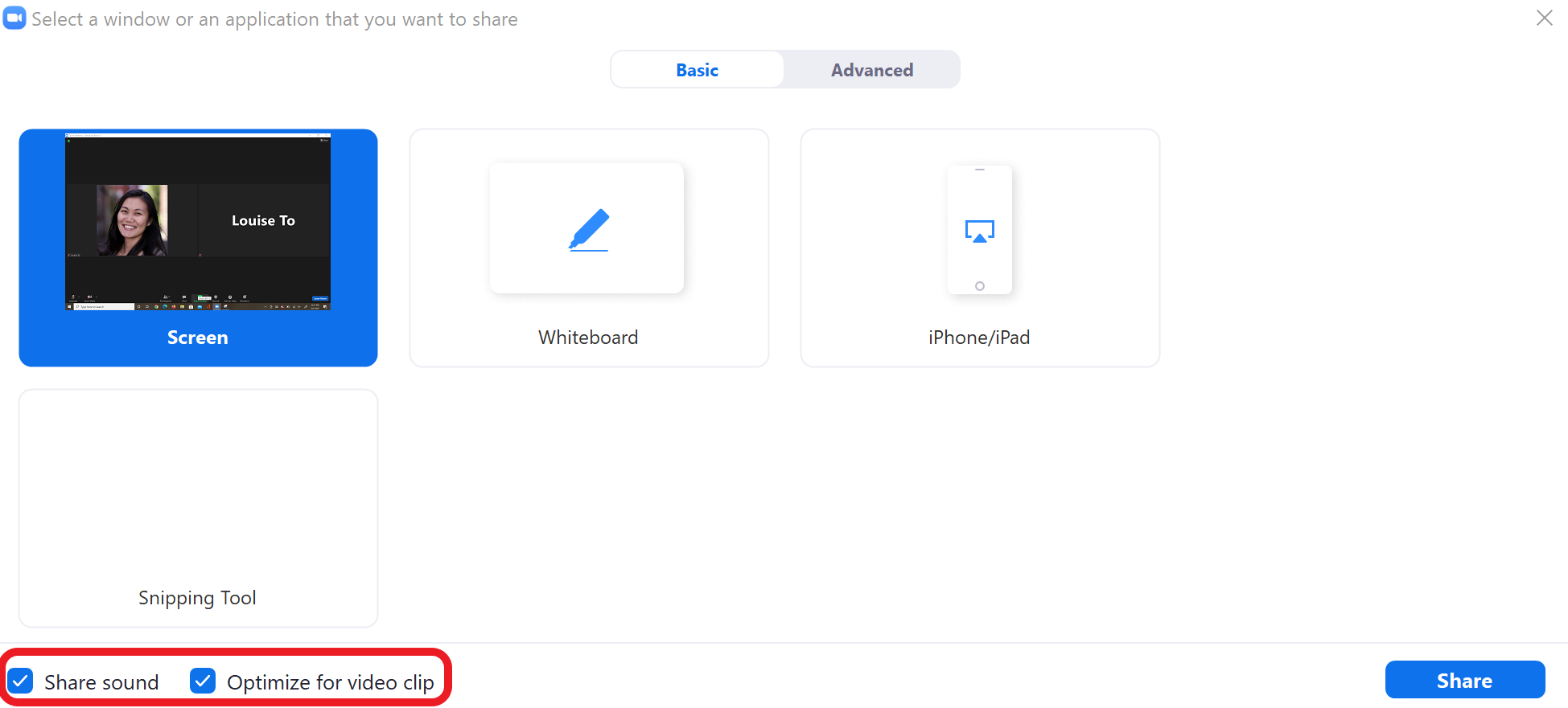 screenshot of the Zoom toolbar; checked share sound and checked optimize for video clip at the bottom left; share button on the bottom right