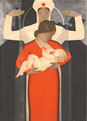 A White woman stands and nurses a White baby, with a White female nurse behind her.